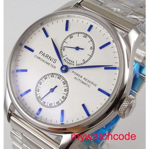 43mm Parnis white dial power reserve indicator automatic movement mens watch blue marks Relogio Masculino