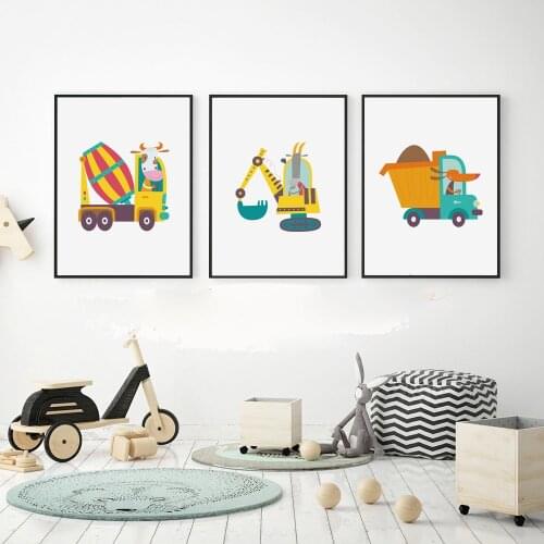 Car Print Baby Kids Room Decor Poster Bus with Animals Ride Minimalist Excavator Wall Art Picture for Child Kids Room