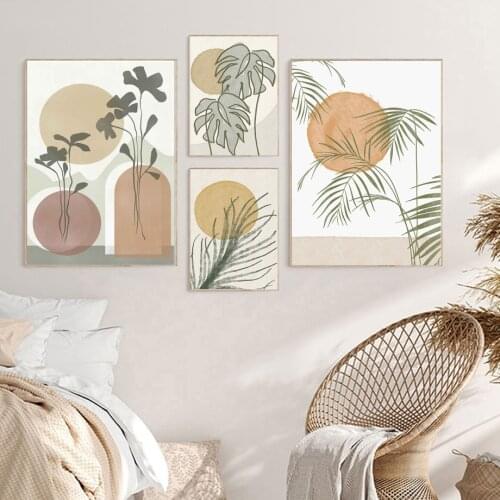 Boho Monstera Bamboo Leaf Sun Abstract Wall Art Canvas Painting Nordic Posters And Prints Wall Pictures For Living Room Decor