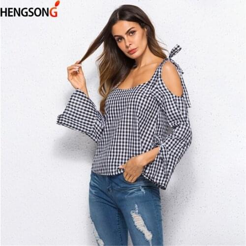 Black And White Plaid Shirt Women Blouses Autumn Long Sleeve Casual Shirts Plaid Blusas Femininas Sexy Off Shoulder Womens Tops