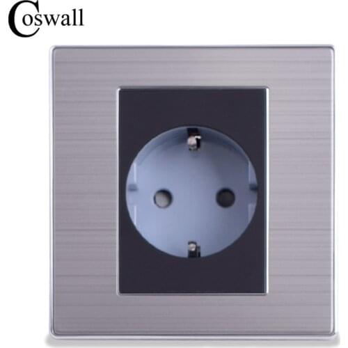 Coswall 16A EU Standard Wall Socket Luxury Power Outlet Enchufe Brushed Silver Panel Electrical Plug Soquete AC 110~250V