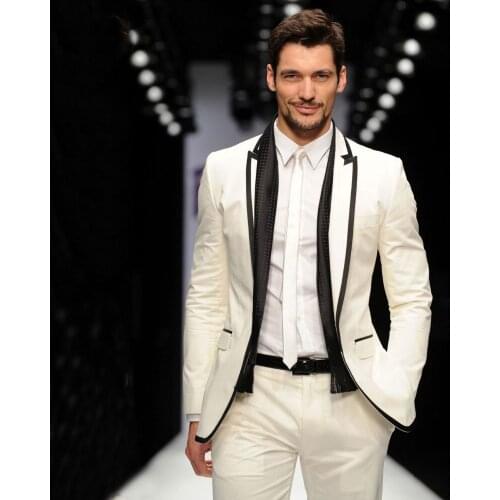 Ivory Mens Suits Wedding Tuxedos Groom Wear Casual Business Prom Suits 2Pcs (Jacket Pants) Slim Fit Costume Homme