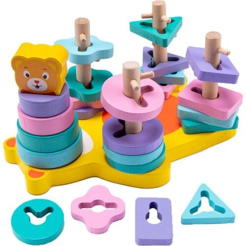 Wooden Puzzles Building Block Montessori Toys Wood Educational Geometric Shapes Recognition Stack Sort Education Puzzle Toy