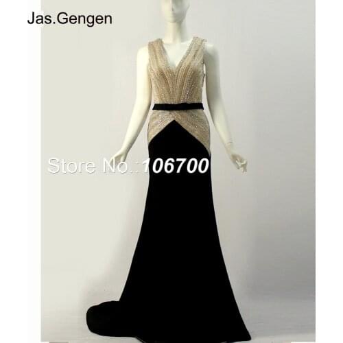 2018 V Neck Sleeveless Crystal Beaded robe de soiree Evening Dresses Sheer Back with Buttons Sashes Long Jersey Prom Gowns