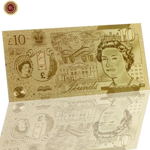 WR Business Souvenir Ten Pounds Fake Bill Gold Plated Foil Banknote Home Decor Replica Paper Money Golden Banknote