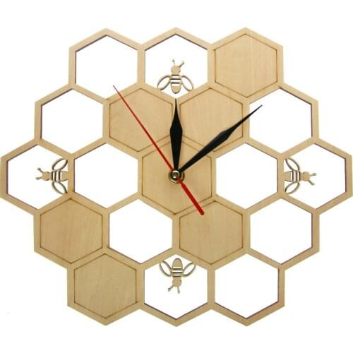 Laser Cut Vintage Wooden Clock Honey Bee On Honey Comb Hexagon Nature Silent Watch Wall Clock Geometric Kitchen Art Decor Gift