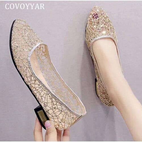 COVOYYAR Golden Womens Shoes Bling Mesh Pointed Toe Loafers Summer Fashion Breathable Slip-on Casual Shoes Flat WFS4076