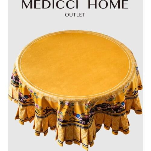 Medicci Home Luxury Velvet Table Cloth Traditional Chinese Pattern Print Retro Yellow Decorative Kitchen Tablecloth Dropshipping