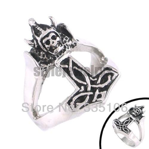 Norse Viking Myth Thor Hammer Skull Ring Stainless Steel Jewelry Classic Odin Skull Biker Men Ring SWR0070A
