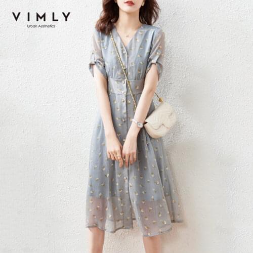 VIMLY Summer Dresses For Women Elegant V Neck Button up Dress High Waist Mesh Floral Dress Beach Prom Womens Vintage Dress F7105