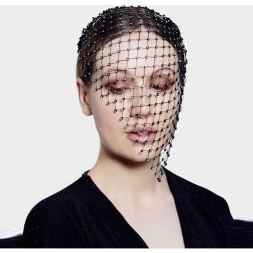 Black Full Rhinestone Headband Veil Irregular Shape Mesh Fishnet for Wedding Cocktail Headwear Hair Jewelry Accesories