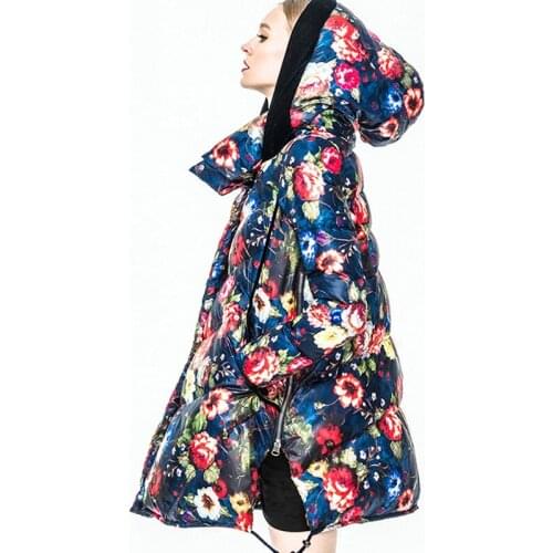 A Style 2016 Winter Jacket Women Down and parkas painting flower medium-long down coat female Floral down jackets winter outwear
