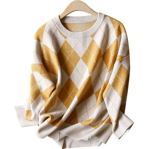 Autumn New Round Neck Knitted Knitted Sweater Women Womens Plus Size Knit Pullover Autumn Argyle England Style Sweaters Women
