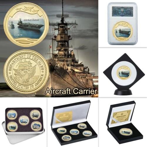 WR Navy Military Aircraft Carrier Gold Plated Coins Collectibles with Coin Box US Commemorative Coins Original Gift Dropshipping