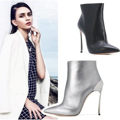 New arrive metal spike high heel pointed toe woman ankle boots black silver high heel pointed woman boots