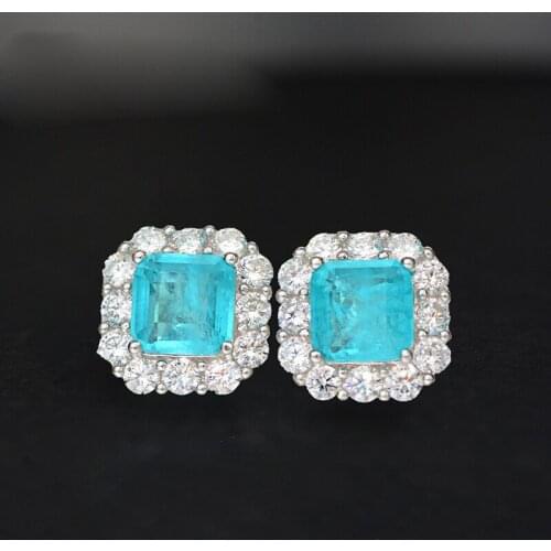 100% Real Silver 925 Jewelry Earrings 7MM Paraiba Tourmaline Diamond Stud Earrings for Women Wholesale Fine Jewelry