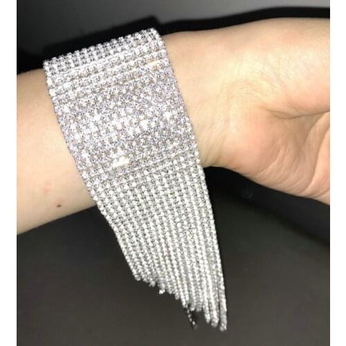 Womens Multilayers Bracelet Silver Diamond Adjustable Rhinestone Statement Trendy Sexy Bangle Jewelry With Clear Crystal Fringe
