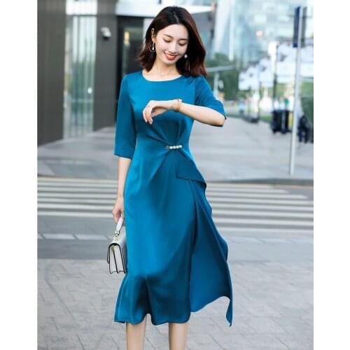 Ladies Office Half Sleeve Elegant Blue Women Work Wear Dresses Half Sleeve 2021 Spring Summer Dress Slim Hips Vestidos OL Styles