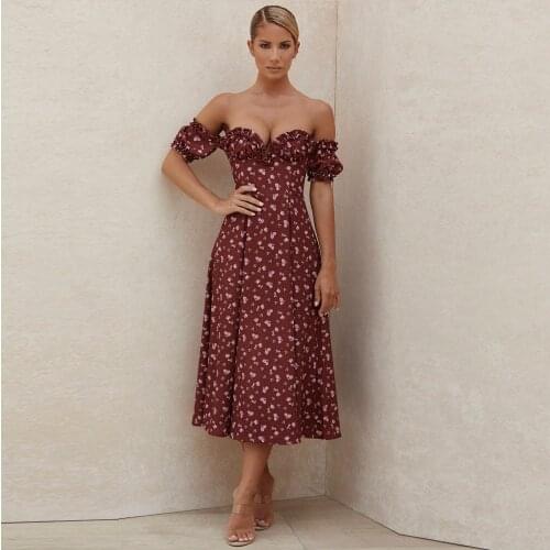 2021 High Quality Wine Red Short Sleeve V Neck Off Shoulder Winter Dress Flower Celebrity Party Club Vestido Midi Print Dress