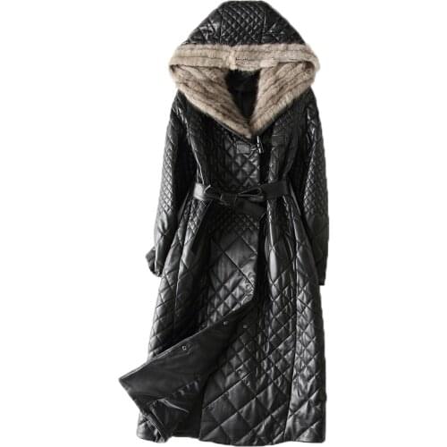 Winter genune leather jacket women mink fur hooded long genuine sheepskin coat Korean Manto femme hiver supplier