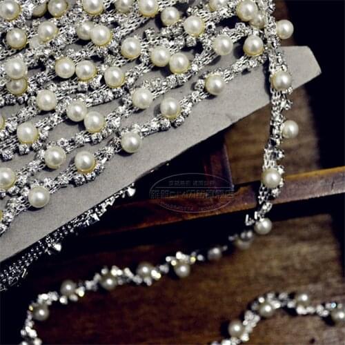 1Yard Clear Crystal Rhinestone Crystal Silver Tone Chain Costume Pearl Applique Trims Sewing RH60