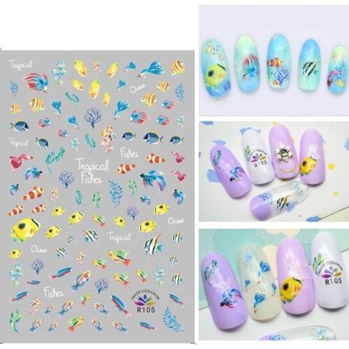 3D Nail Sticker Ocean Seabed Fish Seaweed Fashion Stickers Autumn Small Adhesive Stickers for Manicure Nail Art Decoration