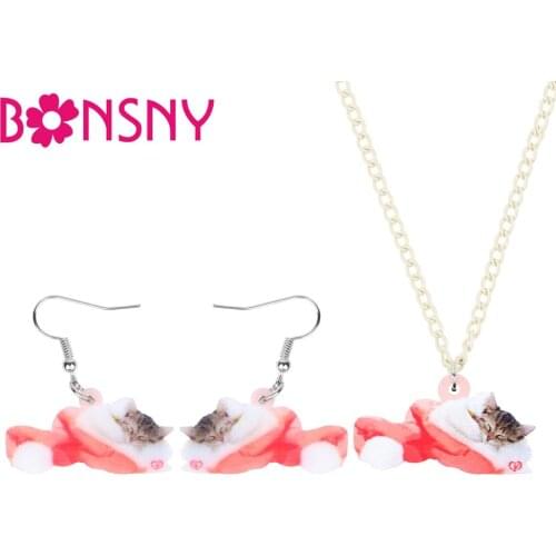 Bonsny Acrylic Christmas Shorthair Cat Jewelry Sets Necklace Earrings Animal Jewelry For Women Girls Teens Charms Gift Accessory