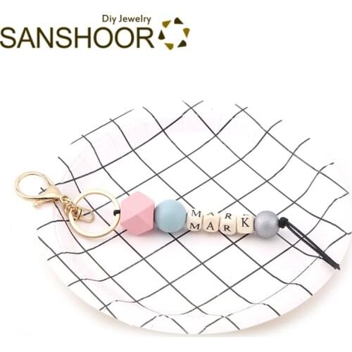 SANSHOOR Women Letter Words KeyChain Set With Black Rope Chain Geometric Round Shape Alphabet Beads As Christmas Gift 1Pcs