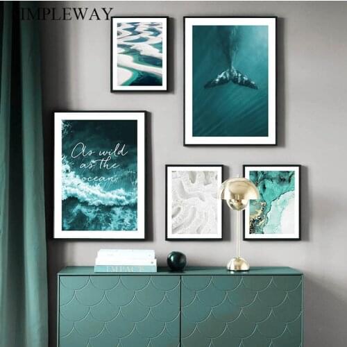 Green Ocean Waves Whale Canvas Poster Aerial View Seascape Painting Art Print Landscape Artwork Picture Nordic Home Wall Decor