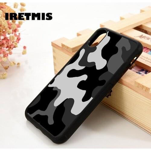 Iretmis 5 5S SE 6 6S Silicone Rubber Phone Case Cover for iPhone 7 8 Plus X Xs 11 12 MINI Pro Max XR Army camouflage black print