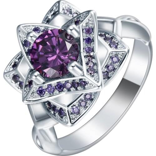 Purple Stone Ring Flower Silver Color Promise Rings Fashion Jewelry Gift Large Princess Czech Zircon Engagement Ring For Women