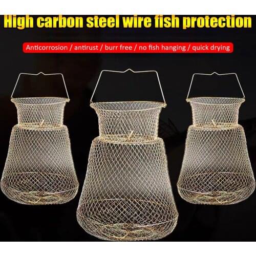 1PCS Foldable Metal Net Fish Basket Steel Wire Fishing Cages Fish Protection Accessories Outdoor Portable Crab Angling Tackle