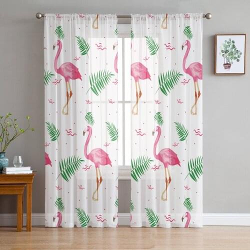 Summer Pink Flamingo Green Tropical Leaves Voile Tulle Sheer Curtains for Bedroom Living Room Kitchen Decor Window Curtain