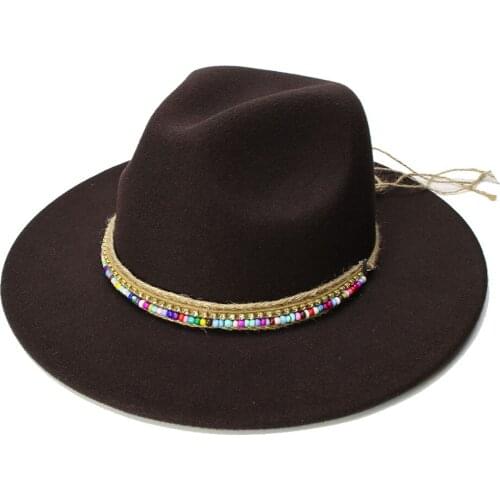 LUCKYLIANJI Retro Kid Child 100% Wool Wide Brim Cap Fedora Panama Jazz Bowler Hat Braid Band Crystal Bead (54cm/Adjusted)