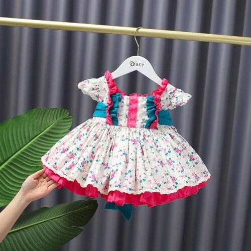 Miayii Baby Clothing Spanish Vintage Ball Gown Bow Print Short Sleeve Girls Cute Lolita Princess Dresses For Easter Eid A252