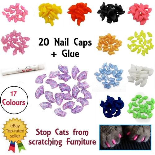 Lovely 20pcs Silicone Soft Cat Nail Caps Cat Nail Covers Pet Claw Paws Caps Adhesive Glue Animal Protection