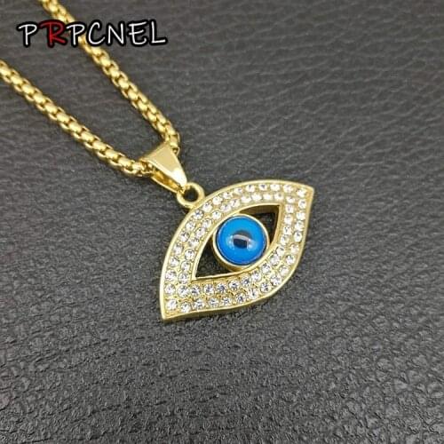 316L Stainless Steel Men iced out blue eye of God pendant necklaces with zircon fashion free long chain hip hop men jewelry
