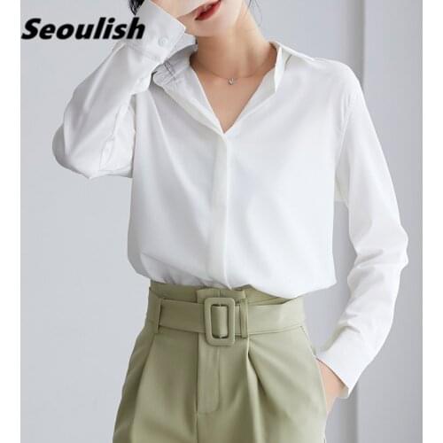 Seoulish 2021 New Autumn White Womens Shirt Female Blouse Tops Long Sleeve Turn-down Collar Korean OL Style Office Lady Blouses