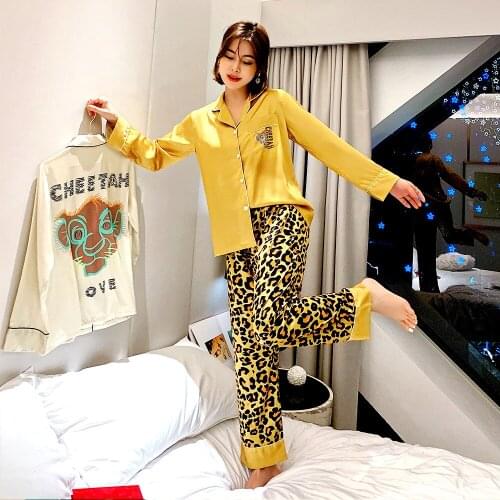 2021 Spring New Long Sleeve Pajamas Woman Ice Silk Fashion Leopard Print Sexy Pajama Set