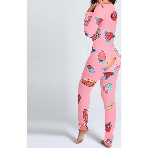 New Women V-neck Print Long Sleeve Button-down Front Functional Buttoned Flap Adults Jumpsuit Bodycon Sleepwear Nightwear S-3XL