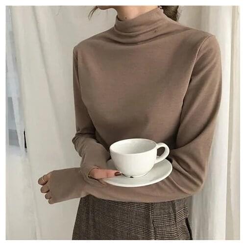 Autumn And Winter New Velvet Bottoming Shirt Female Half High Collar Korean Student long-sleeved T-shirt slim-fit Inner Top