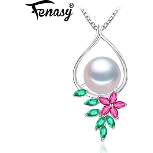 FENASY 925 Sterling Silver Vintage Flower Pendant With Ruby And Green Stones Natural Freshwater Pearl Necklaces For women