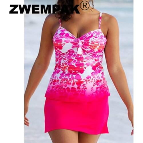 Rose Two Piece Swimming Suits Tree Leaves Printed Push Up Bikini Top Short Swim Skirts Big Swimwear 3XL Female Large Beach Wear
