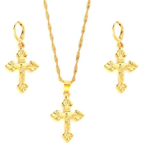 Gold plated cross Pendant Necklace chain Earrings sets Jewelry Gold Christian jewelry sets for women girl Best Jesus Gifts