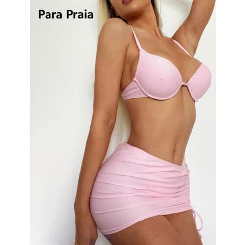 Para Praia 2021 Sexy Three Pieces Bikini With Skirt Push Up Swimsuit Women Pleated Swimwear Bandage Brazilian Bathing Suit