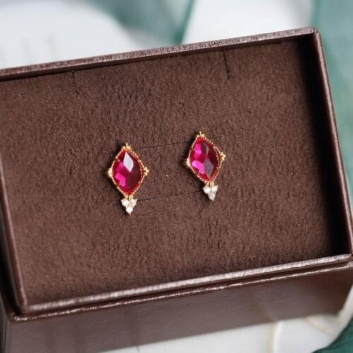 LAMOON 925 Sterling Silver Stud Earring For Women Olive shape Red Corundum 14K Gold Plated Earrings Jewelry LMEI108