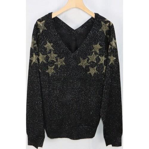 Women Stars V-Neck Knitted Sweater Ladies Long Sleeve 2021 New Ladies Thin Jumper Female Knitwear Pullover Tops