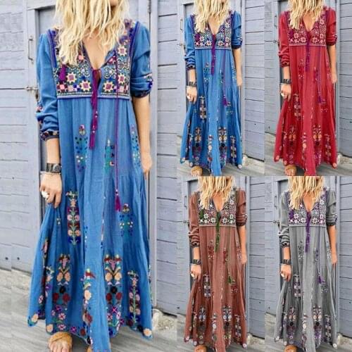 Ladies Bohemian Embroidered Floral Dress High Waist Retro Loose O-neck Lantern Sleeve Lace-up Long Skirt Beach Wear XL Dress2020