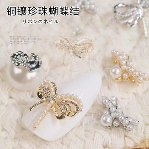 10pcs/lot Bow butterfly alloy zircon crystals rhinestones pearl nail art jewelry decorations nails accessories charms supplies