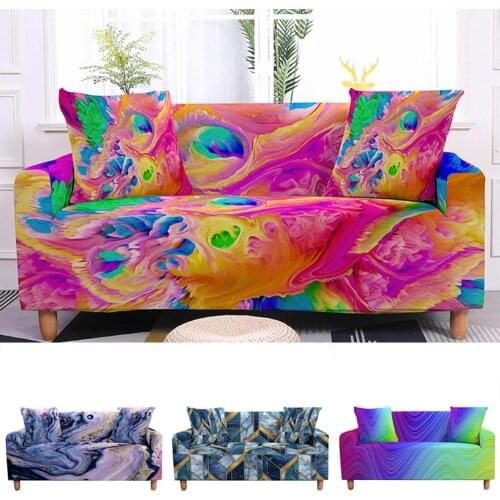 3D Water color Rainbow Marble Printed Couch Cover Elastic Stretch Sectional Sofa Cover Slipcover Armchair for Living Room